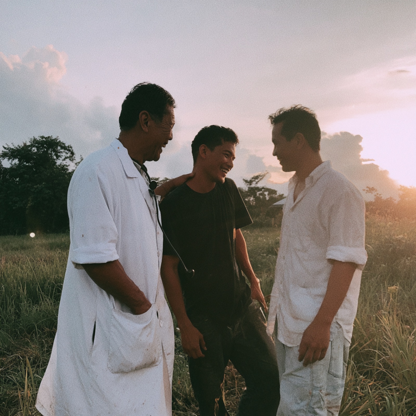 A Filipino physician talking with a patient and his family outdoors at dusk